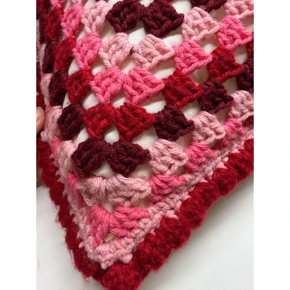 Handmade Crochet Granny Square Throw Pillow Pink Red Burgundy Retro Decorative